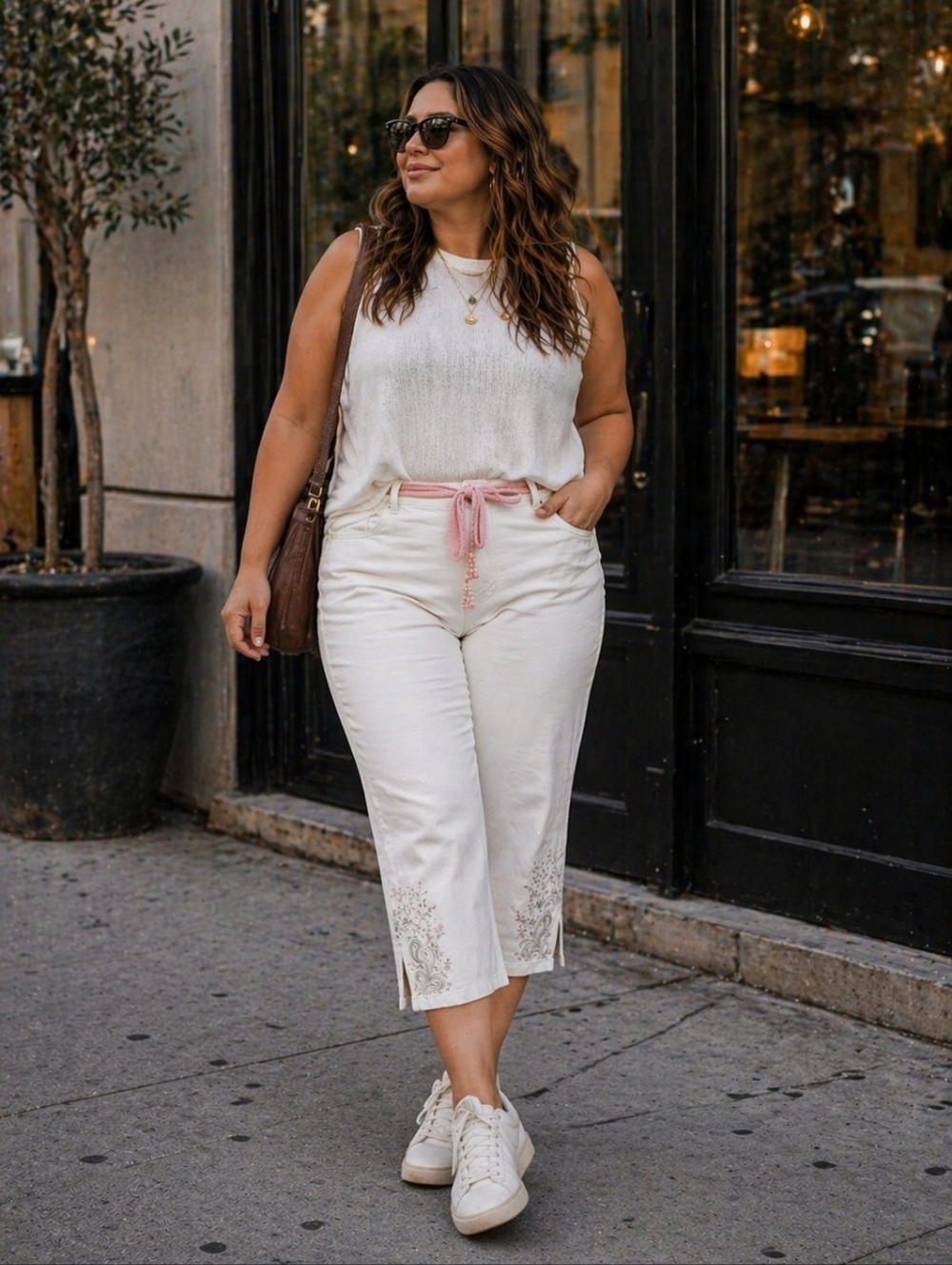 Gloria Vanderbilt Plus Size White Denim Capri's With Tassle Belt Size 14